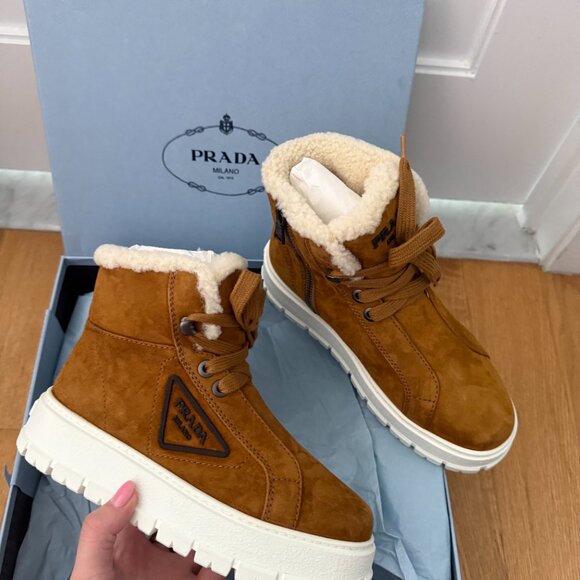 NWT Prada Winter Boots In Cognac Brown Suede Leather Shearling Lace Up - Picture 4 of 10
